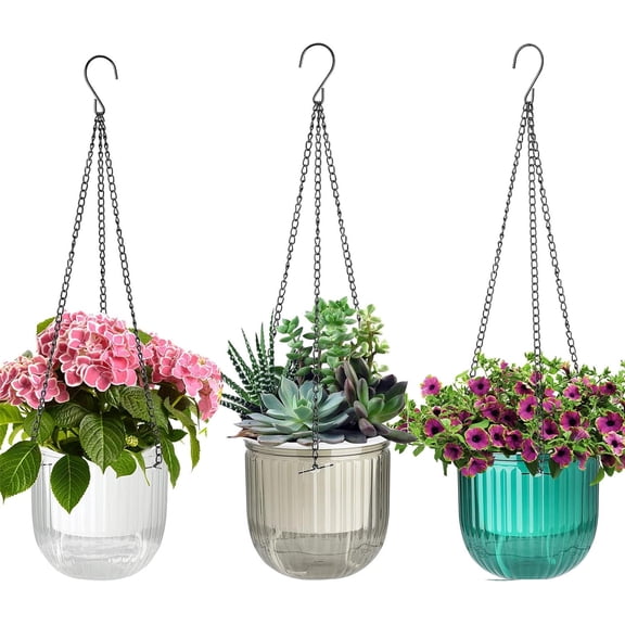 Bexikou 3-Pack Self Watering Hanging Planters, 4.5in Hanging Plant Pots with Drainage Holes & Chain Hooks for Home Balcony Garden Decor
