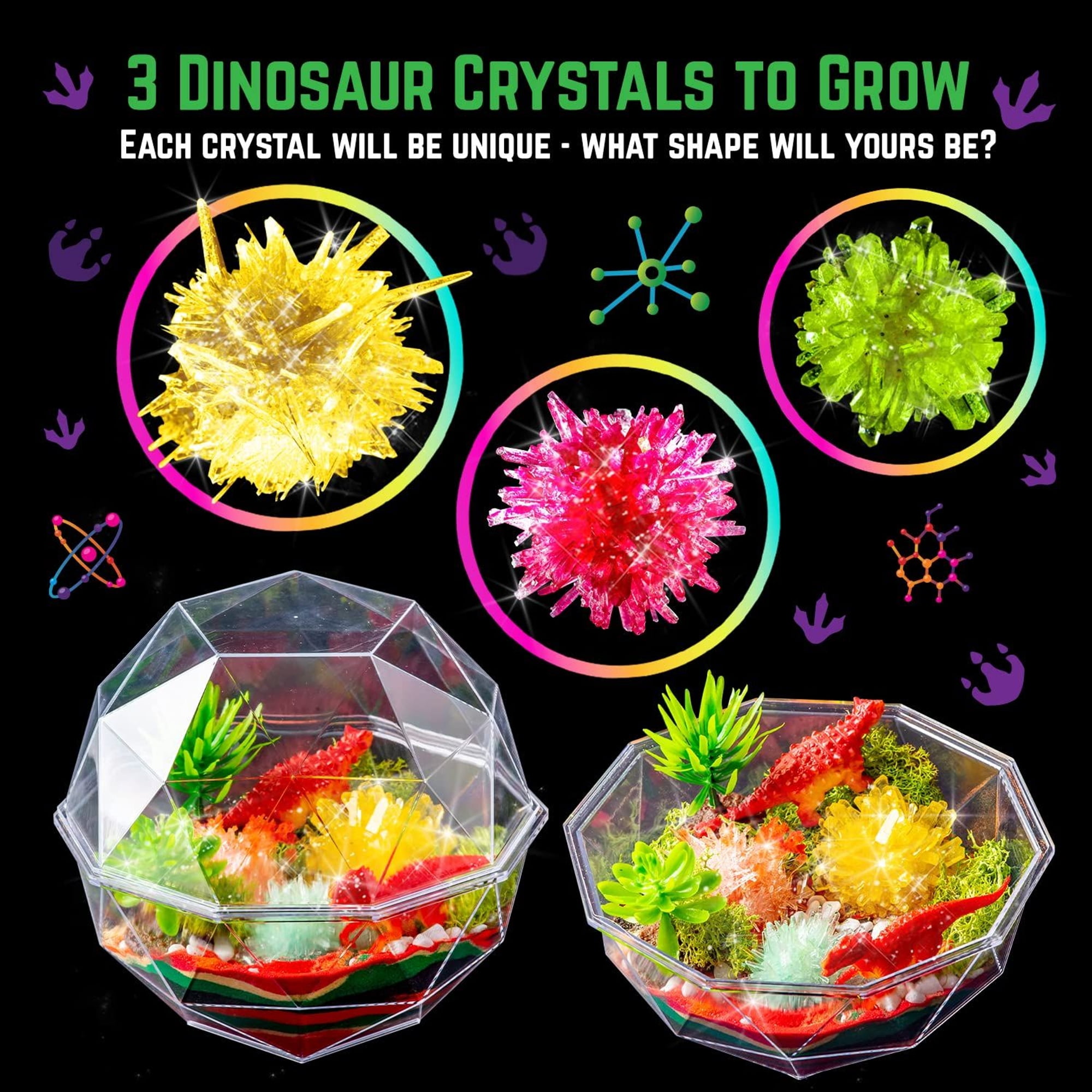 Original Stationery Grow Your Own Crystal Dinosaur Terrarium Kit, All in One Crystal Growing Kit with 2 Dino Figurines and Seeds to Grow 3 Crystals for Kids, Fun Creative Experiment & Great Gift Idea