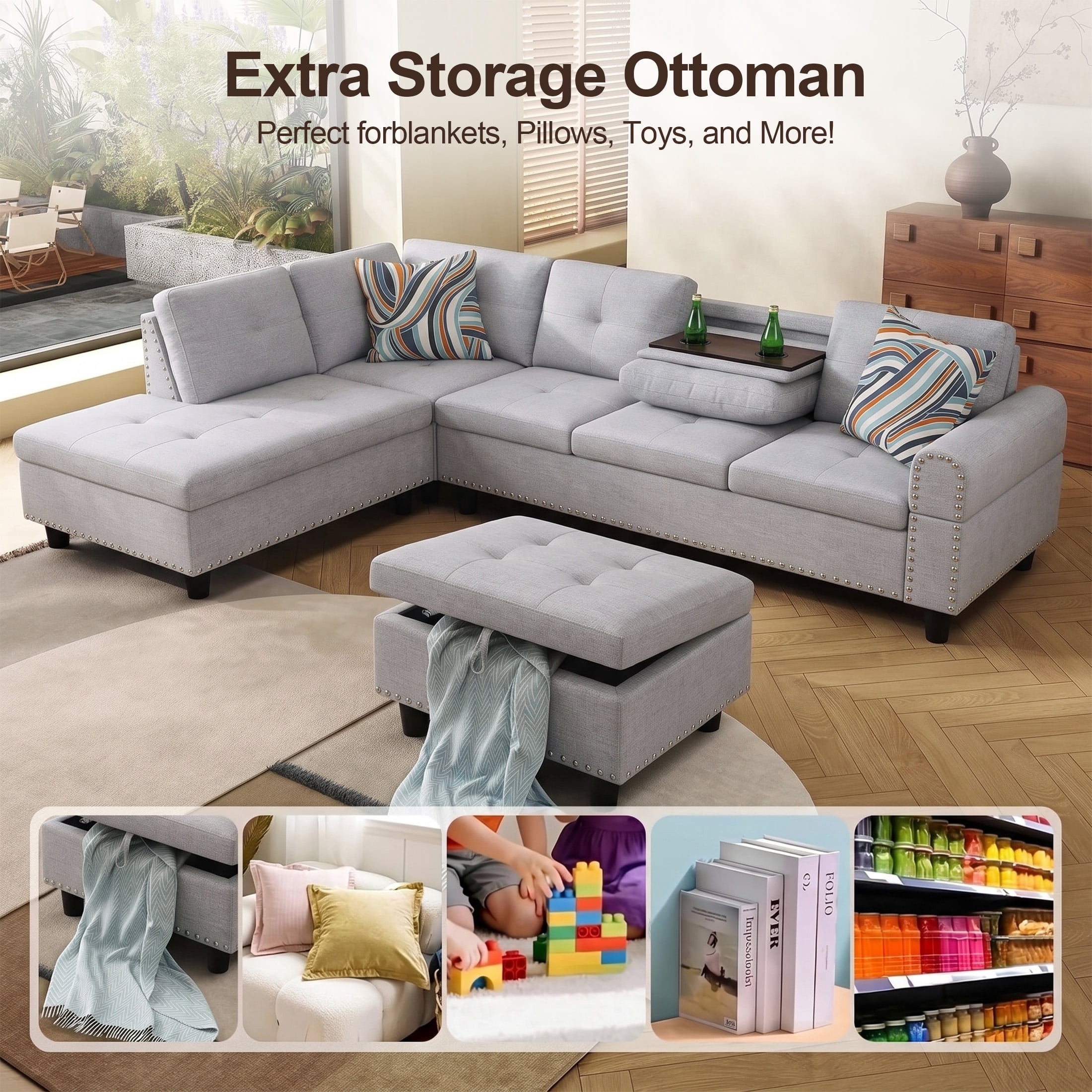 AENKYO 98" L-Shaped Sectional Sofa with Reversible Chaise, Storage Ottoman & Cup Holders, Flannel, Light Gray