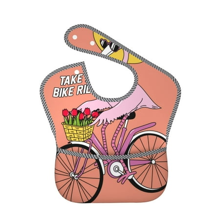 

Bingfone Mess-Proof Baby Bib - Waterproof Bib for Baby Boy or Girl with Food Catcher Pocket Unisex-Flamingo Riding a Bicycle