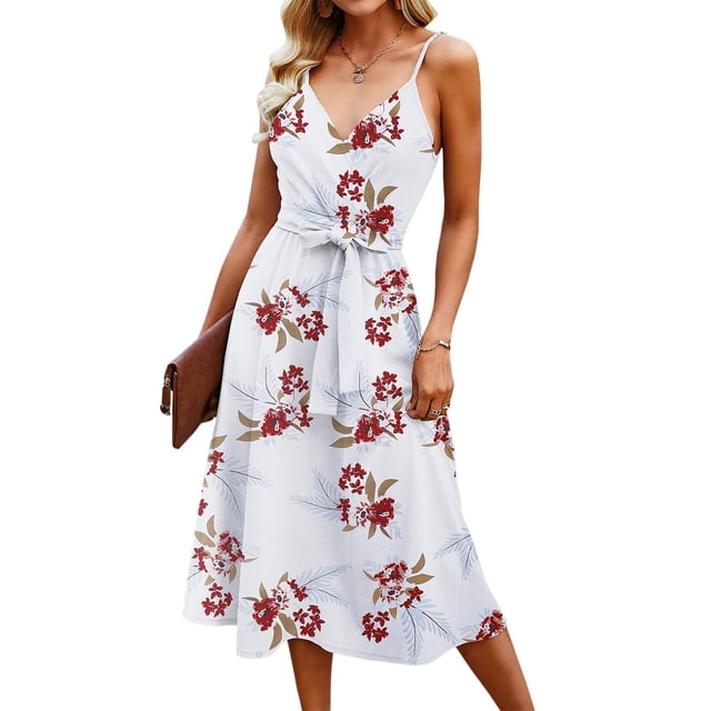 zanvin Ceintures, Mode Féminine Aguichant Robe Mi-Longue Sans Manches à Col en V avec Fermeture Éclair Imprimée + Ceinture