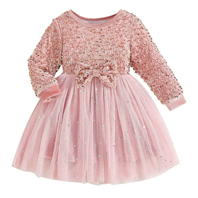 Odeerbi Girls Sequin Sparkly Tulle Dress Spring Fall Long Vestido de Princesa Con Lazo de Manga Sólida Vestido de Cumpleaños Con Lazo de Purpurina de Color Sólido