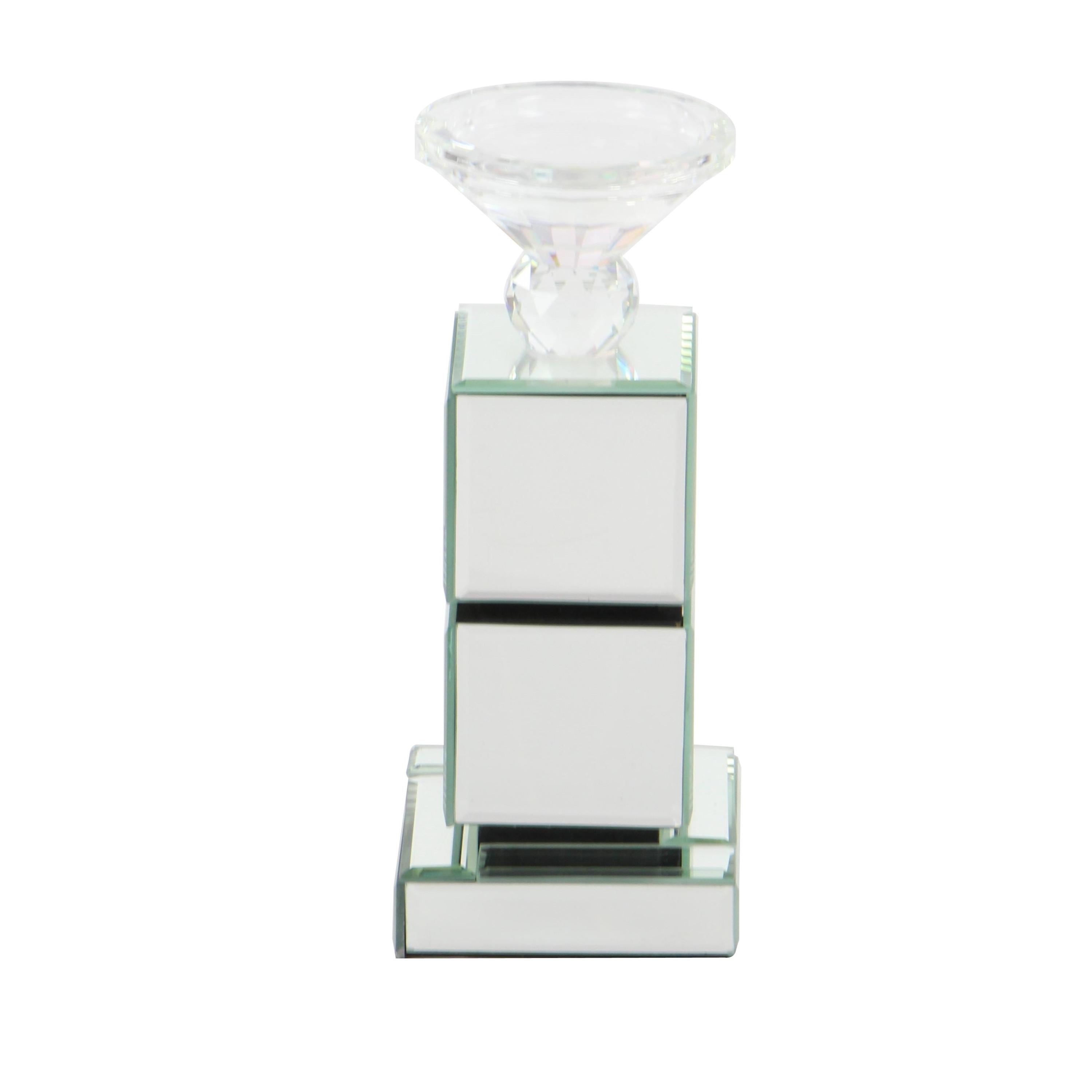DecMode Silver Glass Pillar Candle Holder with Mirrored Sides