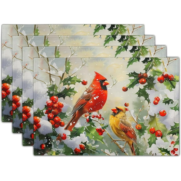 Birds Christmas Placemats Set of 4, 12x18 Inch Winter Xmas Tree Branches Red Berries Washable Reusable Linen Fabric Place Mats for Farmhouse Kitchen Dining Party Table Decoration