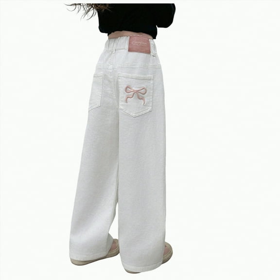 TOWED22 Girls' Wide-Leg Jeans, High Elastic Waist Denim Pants Straight Printing Pocket Comfortable(White,4-5 Y)