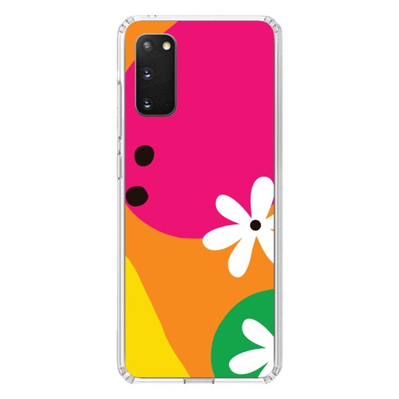 DistinctInk Clear Shockproof Hybrid Case for Galaxy S20 PLUS / 5G (6.7" Screen) - TPU Bumper, Acrylic Back, Tempered Glass Screen Protector - Summer Vibes Bold Flower Orange Pink Yellow