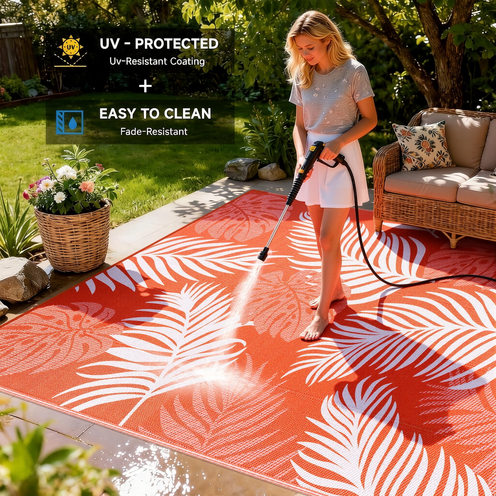 8'x10' Outdoor Rugs for Patios, Yamaziot Patio Rug RV Mats, Waterproof Reversible Plastic Straw Camping Rug for Deck Porch Balcony Beach Tropical, Orange