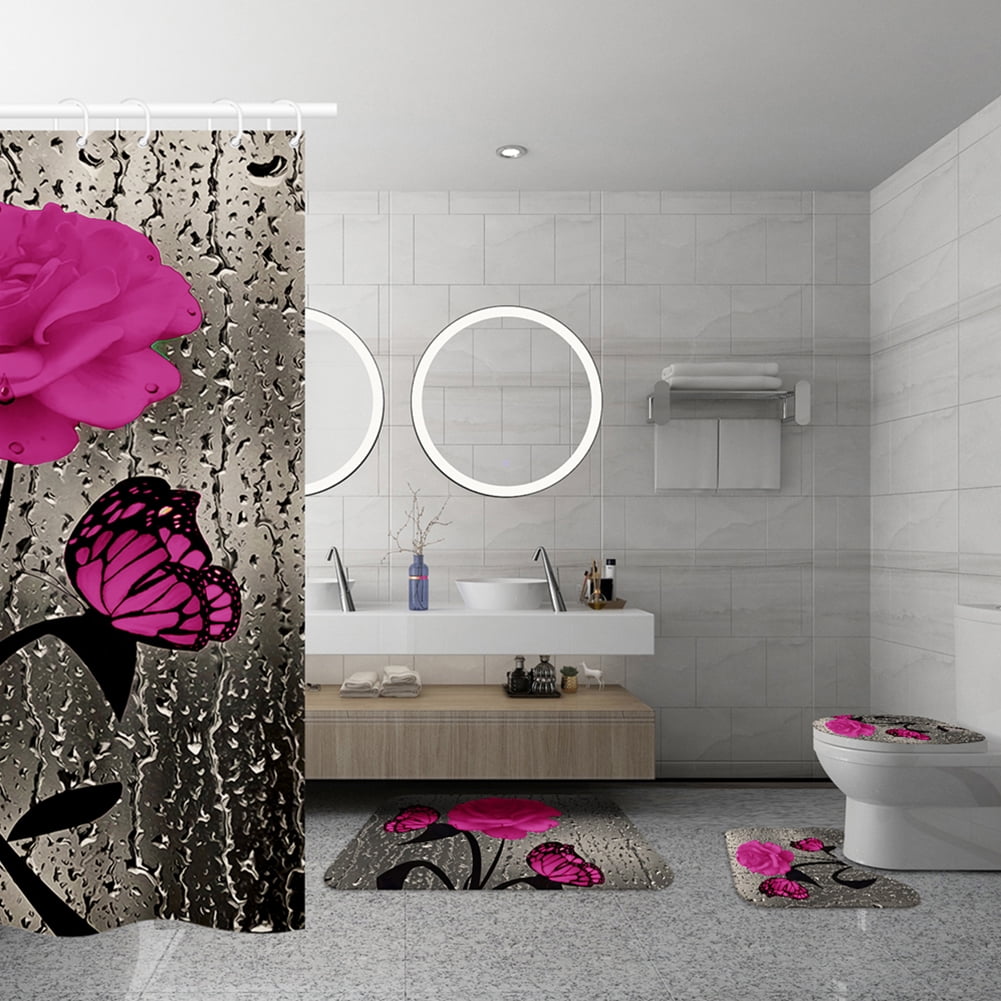4 Pcs Bathroom Shower Curtain Set Pink Rose Shower Curtain Bathroom Sets Valentine's Day Shower Curtain Sets with Rugs(Bath Mat,U Shape and Toilet Lid Cover Mat) and 12 Hooks