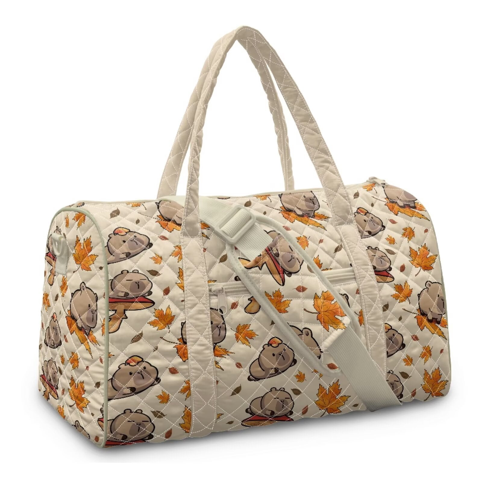 Garronmavis Cute Capybara Maple Leaf Print Large Quilted Duffle Bag for Women, Weekender Travel Bag Carry On Tote Gym Overnight Bag with Luggage Sleeve