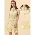 thumbnail image 2 of Unique Bargains Robe en Mousseline à Fleurs pour Femme, Ourlet à Volants, Manches Courtes, Ligne A, Smockée, Beige, P, 2 of 4