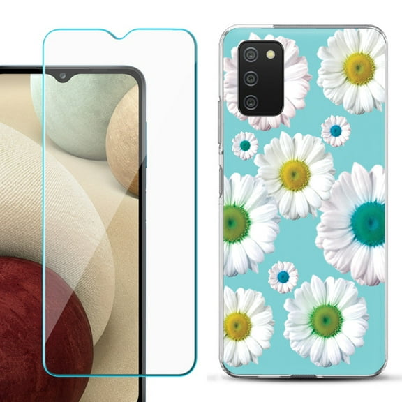 Slim-Fit TPU Fashion Phone Case for Samsung Galaxy A03s, with Tempered Glass Screen Protector, by OneToughShield ® - Daisy/Teal