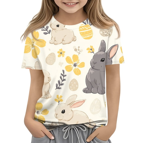 YOUYEDIAN Girls Easter T Shirts Cute Bunny Graphic Tees Festival Funny Short Sleeve Tops 2026 Cotton T-Shirt Outfits (Fluorescence Yellow, 13-14 Years)