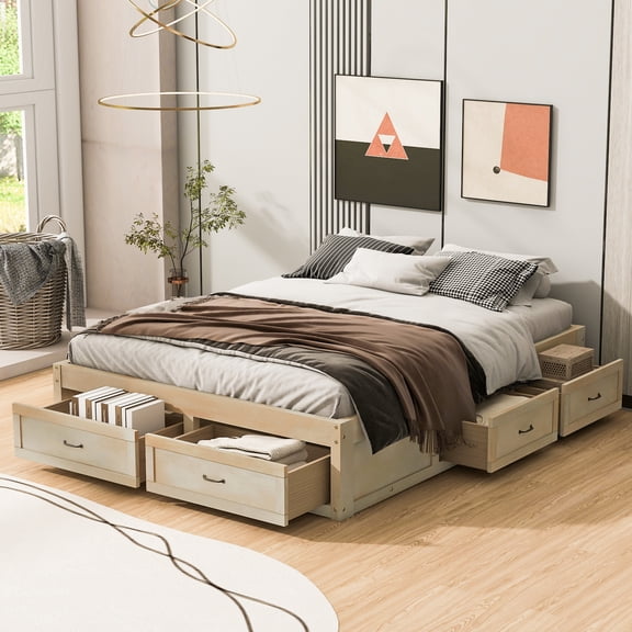 Aukfa Full Size Storage Platform Bed with 6 Drawers, Farmhouse Captain Bed Frame, Antique Oak