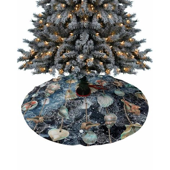 Navy Blue Coastal Nautical Christmas Tree Skirt 48 Inches Large Christmas Skirt Tree, Summer Beach Conch Shell Tree Skirt Christmas Decorations for Fireplace Party Holidays Indoor Outdoor