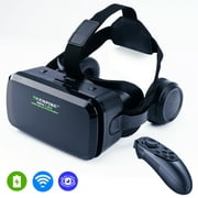 VR Headset with controller, universal virtual reality goggles with FOV 120, Anti-Blue-Light Lenses, Wireless Earphones, for Smartphones with Length Below 6.7 inch e.g iPhone & Samsung HTC HP LG etc.