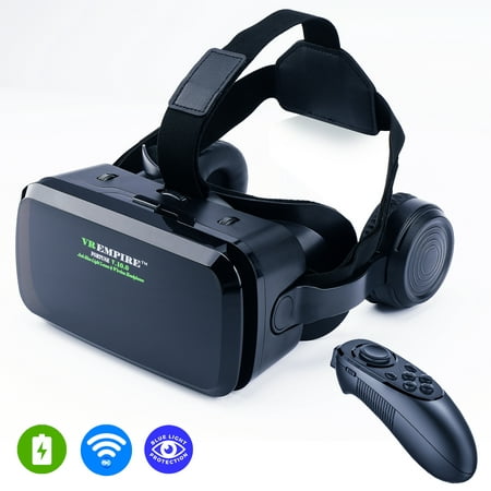 VR Headset for Android Phone/iPhone with Controller, 120° FOV, 3.5mm Audio Wireless Adaptor, Anti-Blue-Light Lenses, Fits for All Mobile’s Length/Display Size Up to 6.7/7.2 inches. (V9WR)