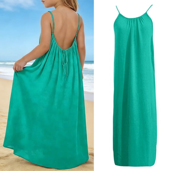 Kid Girls Backless Cami Dress Spaghetti Strap House Dress Green Flowy Dress Maxi Sundress Beach Dress for Girls