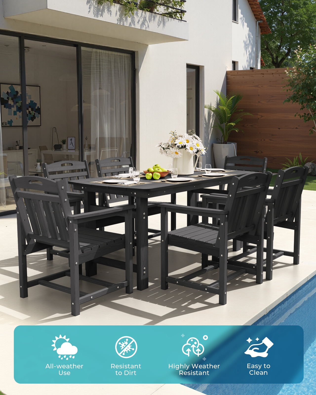 Harbweb 7pc HDPE Outdoor Dining Set, All-Weather Wood Grain Patio Furniture, Black