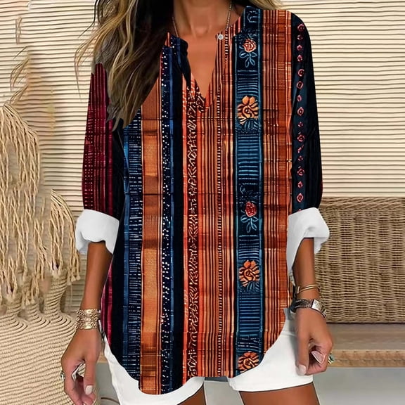 Uootdi Boho Tops for Women Long Sleeve V Neck Blouses Vintage Floral Printed Shirts Casual Plus Size Vacation Gift Tunic Tops for