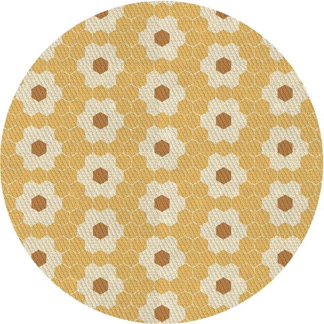 Ahgly Company Tapis Rond Lavable en Machine Intérieur Transitionnel Jaune, 6 Pieds Rond