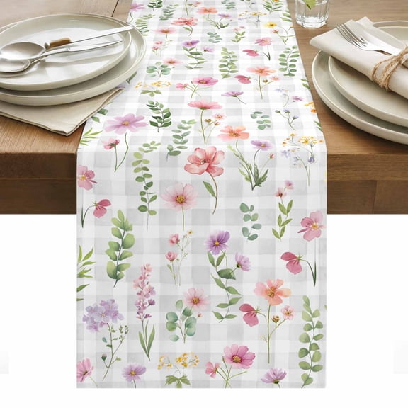 Pink Spring Floral Table Runner - 120 Inch Long, Kitchen Dining Table Runner Dresser Scarves, Flowers Botanical Elegant Grey Checkered Farmhouse Decor for Coffee Tables Wedding Party Banquet