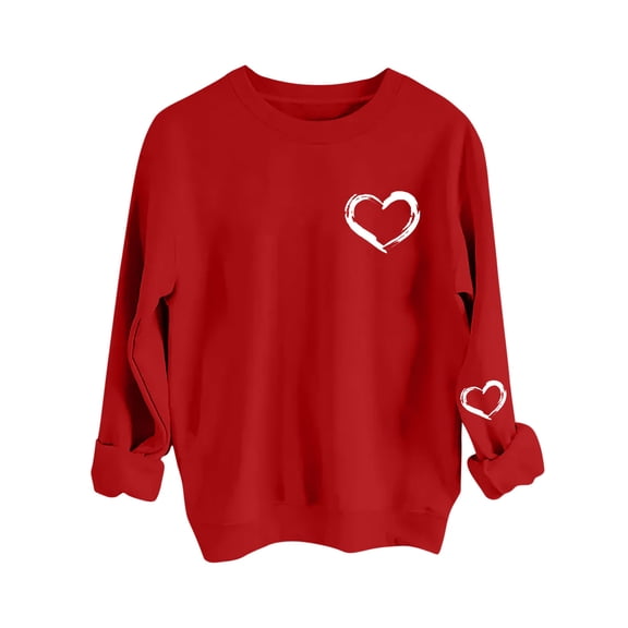 Valentine's Day Clothes Womens Love Heart Printed Crewneck Sweatshirts Loose Casual Long Sleeve Pullover Tops (L, Red #C)