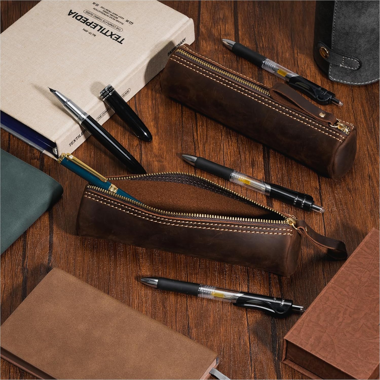 ABPETE Small Pencil Pouch-Genuine Full-Grain Leather Pencil Case for Men- Vintage Leather Pouch for Adults-Stationery Organizer Bag for Work & Travel-Cylinder-Coffee