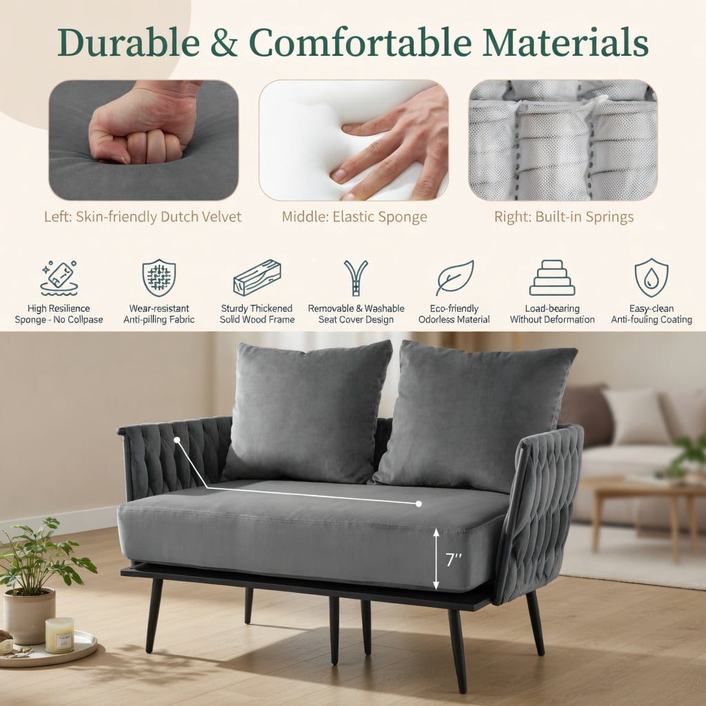 Hommoo Modern Dutch Velvet Loveseat Sofa, Compact 2-Seater Upholstered Couch with Removable Cushions & Metal Legs for Living Rooms, Bedrooms, Apartments, Gray