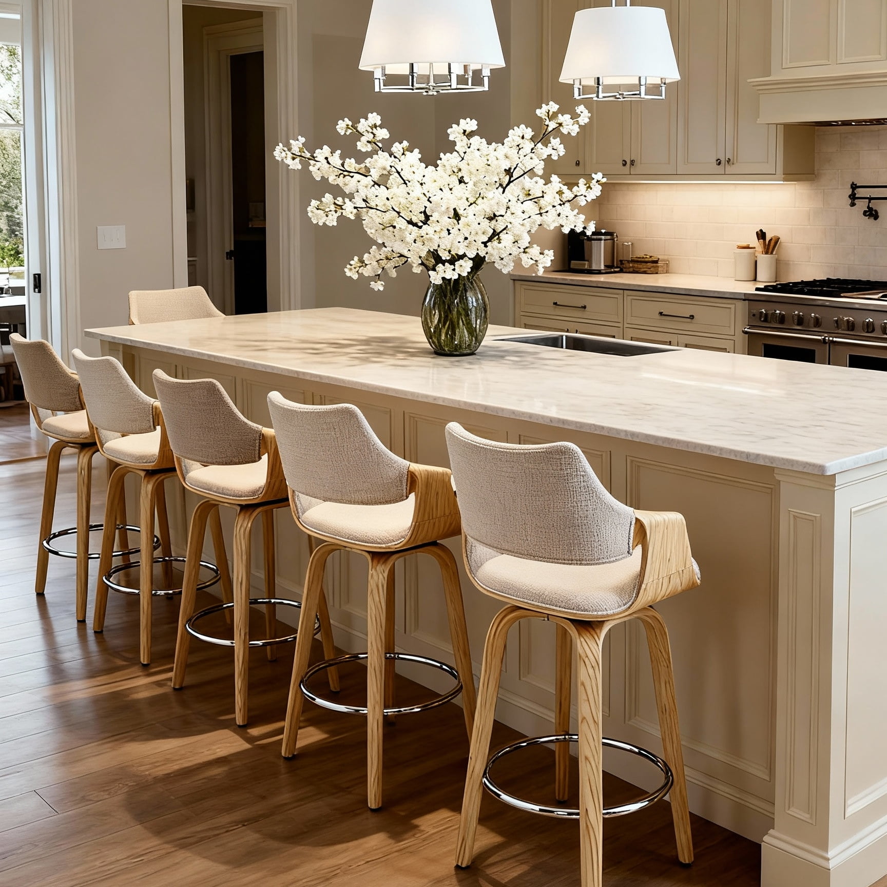 Guyou 26" Swivel Counter Stools Set of 2, Modern Barrel Chenille Kitchen Island Stools, Farmhouse Solid Wood Counter Height Barstools, Bar Height Island Chairs with Back and Wood Frame, Beige