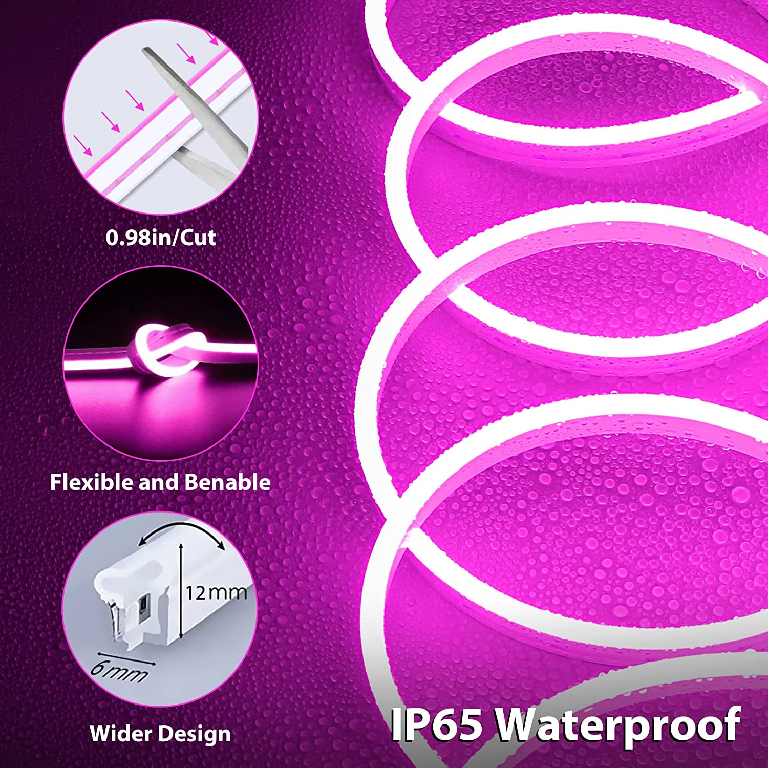 Rosnek Dimmable LED Neon Strip Light Touch Switch Waterproof Silicone Neon Rope Flexible Light, 32.8FT, Pink