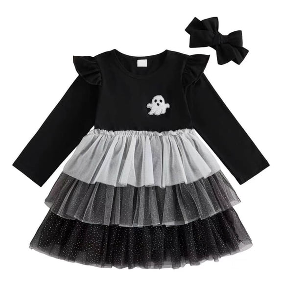 ASEIDFNSA Girls Halloween Ghost Dress with Headband Long Sleeves Tulle Skirt and Ruffle Hem (Black,4-5 Years)