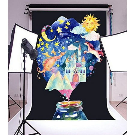 Image of GreenDecor Watercolor Fairy Tale Background 5x7ft Photography Background Fantasy Black Background Dreamy Clouds Castle in Sky Moon Stars Sun Flying Dr