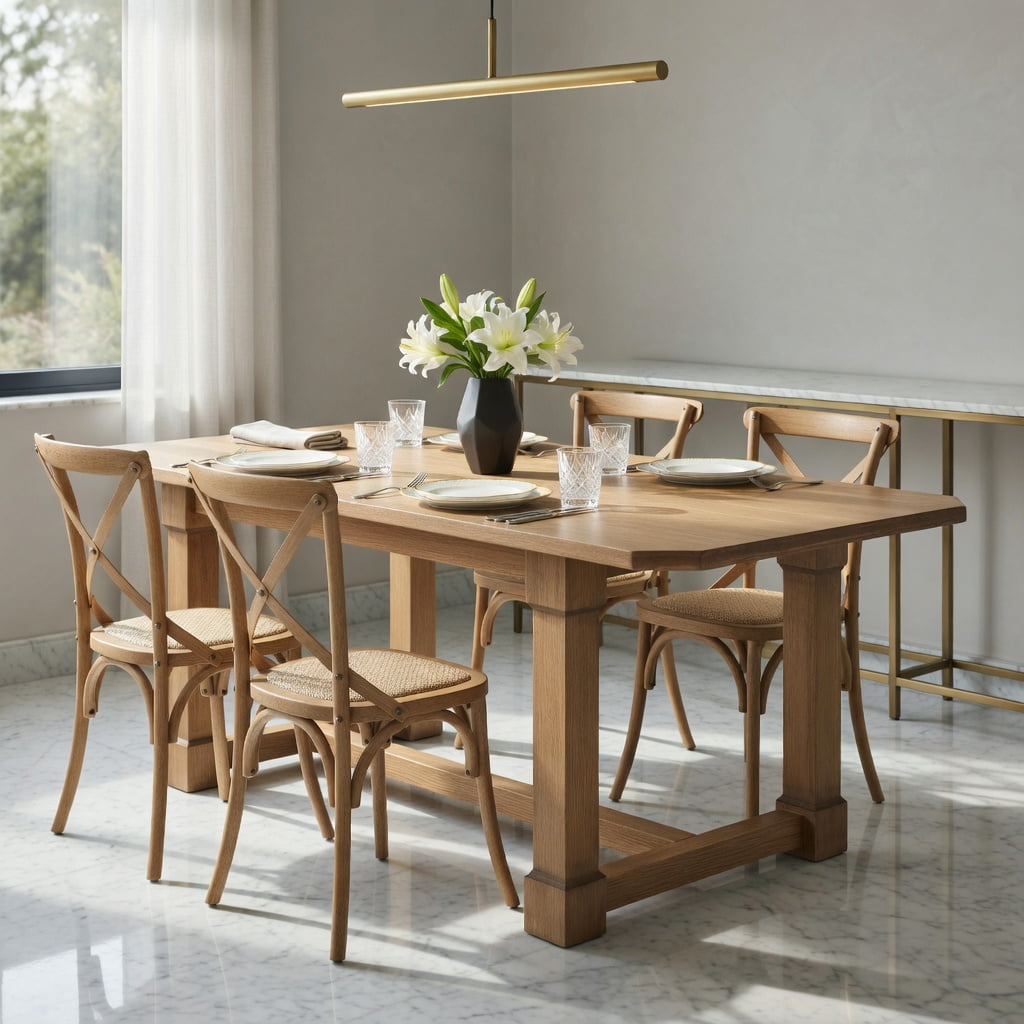 Hommoo 63 Inch Solid Wood Farmhouse Dining Table for 4–6 People, Rustic Rectangular Kitchen Table with Heavy-Duty Square Legs & Reinforced Crossbar Support, Natural