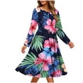 thumbnail image 2 of Gamivast Summer Dresses for Women Long Sleeve Round Neck Tropical Maxi Dress Hibiscus Floral Print Swing Dress High Waist Flowy Long Dress Beach Holiday, 2 of 6