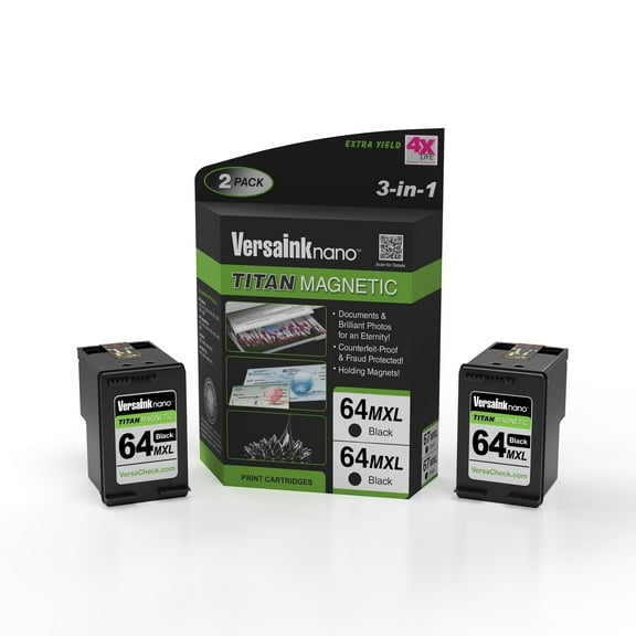 VersaInk-nano HP 64 MXL Titan-Magnetic (MICR 3-in-1) Black Ink Cartridge 2-PACK replacement of HP 64 and 64 XL, works with HP ENVY 6255,7155,7855,7255e,7955e,TANGO