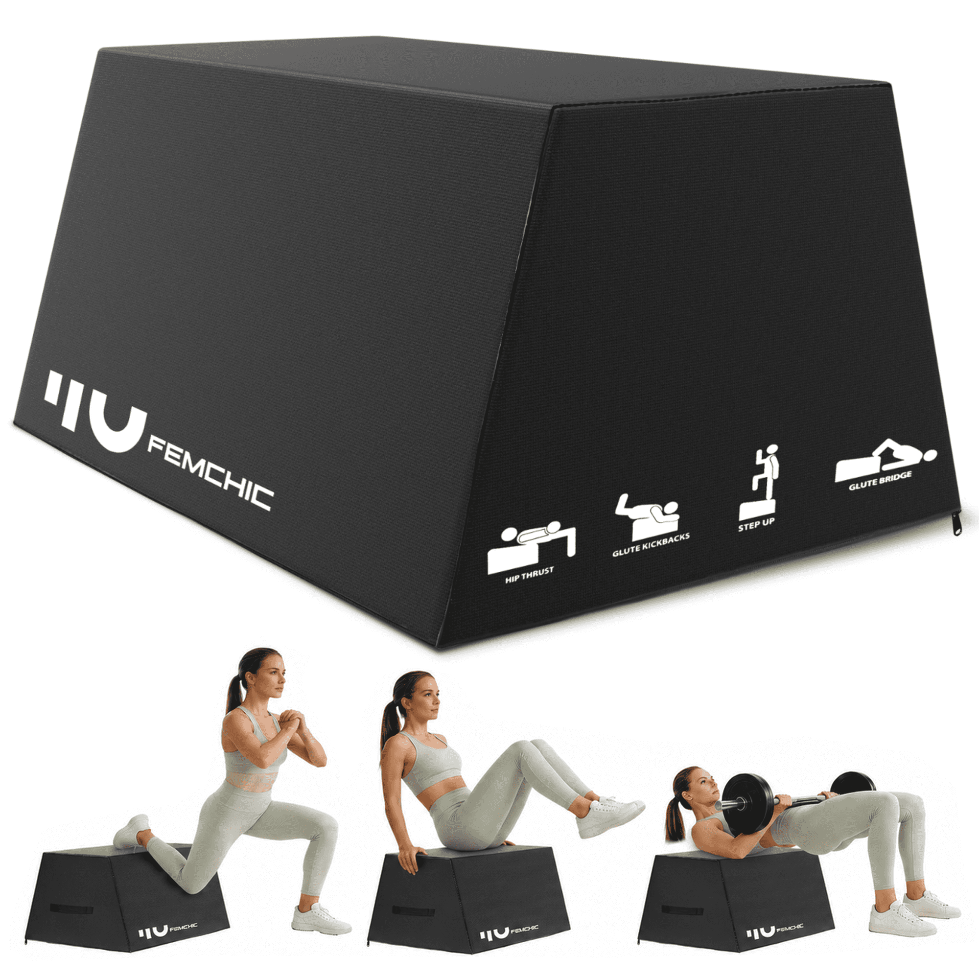 FEMCHIC Hip Thrust Bench 700LB, Multi-Functional Total Body Workout Box for Home Gym, Glute Bridge, Core & Ab Strength Training, Foam Plyometric Jump Box (L