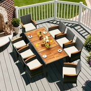 9PCS Patio Rattan Dining Set Acacia Wood Table Cushioned Chair Mix Gray