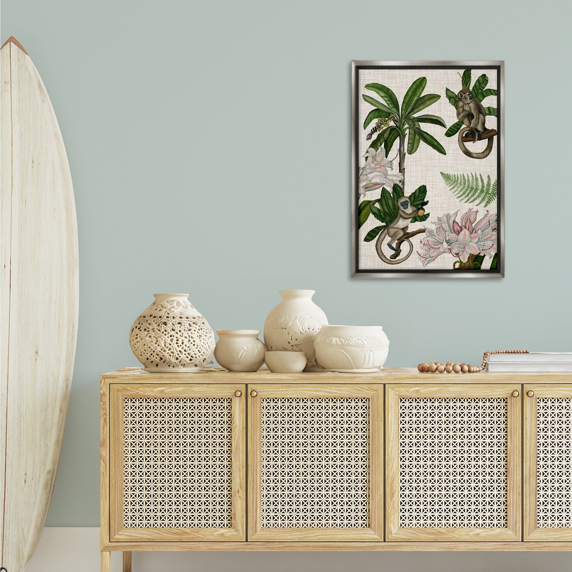 Stupell Industries Tropical Monkey Studies Plants & Flowers Painting Gray Floater Framed Canvas Art Print Wall Art, 21 x 31