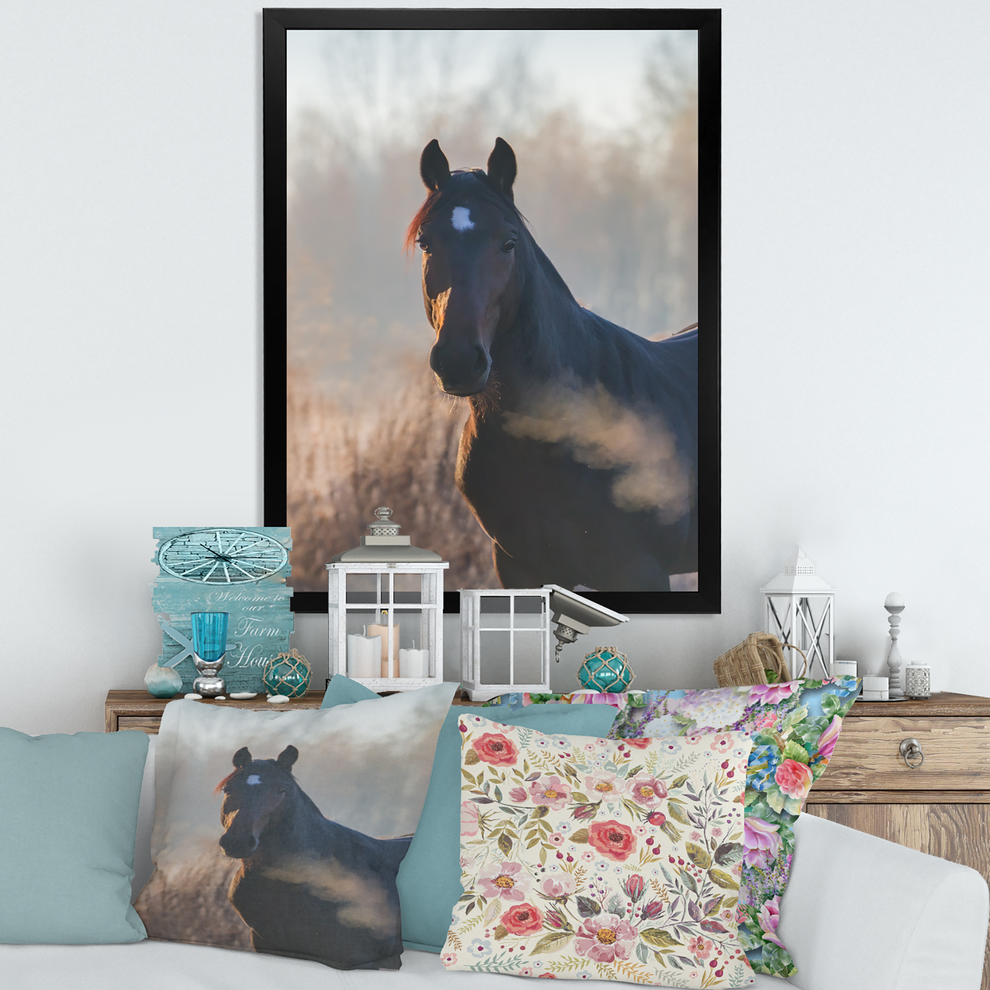 Designart 'Close Up Portrait Of A Horse On An Autumn Morning' Farmhouse Framed Art Print