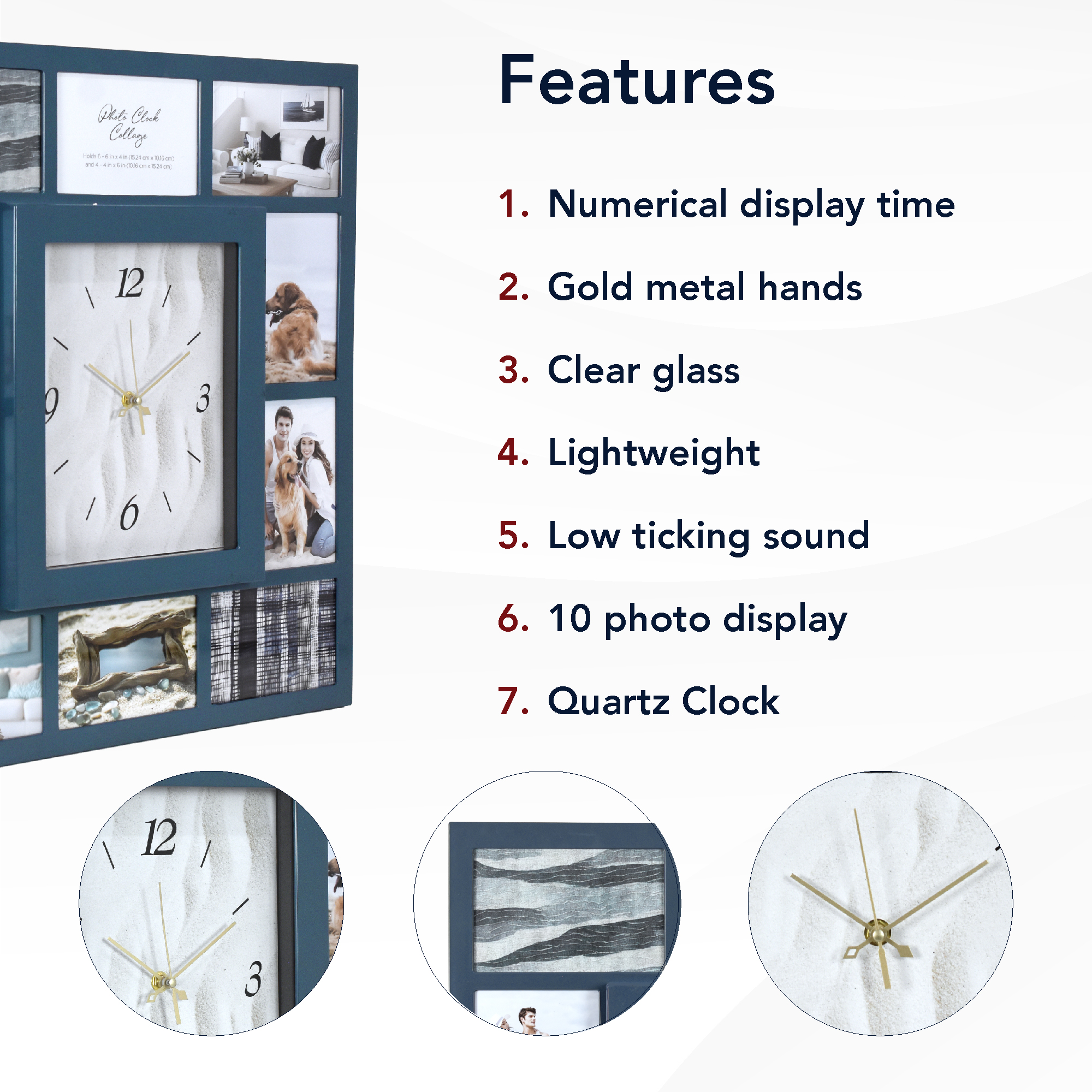 Blue Picture Frame 19.25x 21.5" Collage Wall Clock - 10 Photo Slots, Coastal Modern Decor for Living Room Entryway, Bedroom, Kitchen