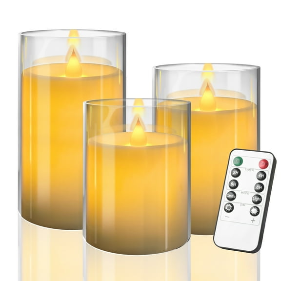Glass Battery Operated LED Flameless Candles with Remote and Timer, Real Wax Candles Warm Color Flickering Light for Festival Wedding Home Party Decor(Pack of 3)-Clear