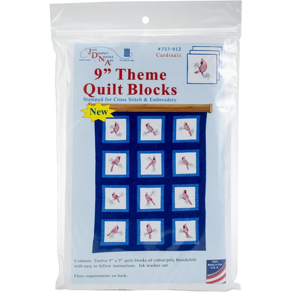 Jack Dempsey Themed Stamped White Quilt Blocks 9"X9" 12/Pkg-Cardinals