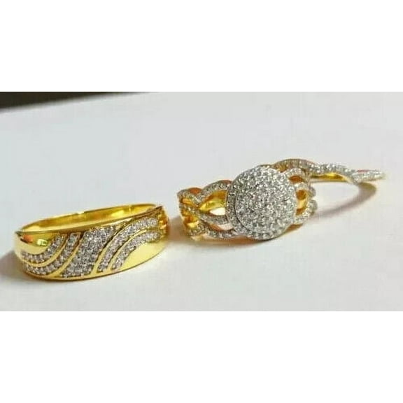 Bluebelljewels 14K Yellow Gold Finish Round Cut His & Her 3Ct Trio Ring Set Cubic Zirconia