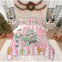 Manfei Girly Pink Christmas Queen Comforter Set for Girls, Kawaii Fairy Tale Princess Bedding Sets, Royal Nutcracker Guard Reversible Bedding Comforter Set, Lightweight Room Decor, 3-Piece