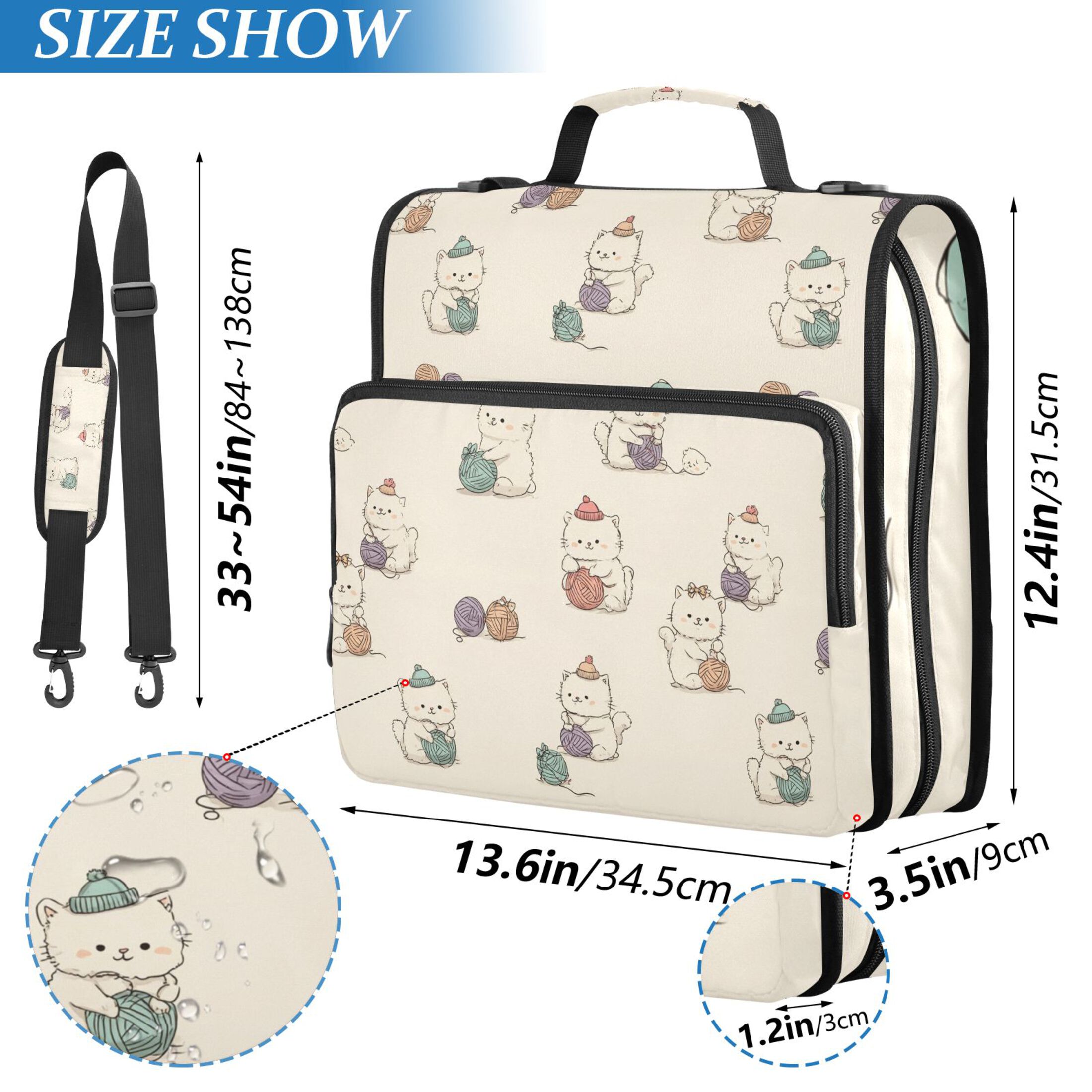 Zipper Binder Cute Fluffy Cartoon Cats 1.5 Inch Binder Folder Bag with Shoulder Strap and Handle