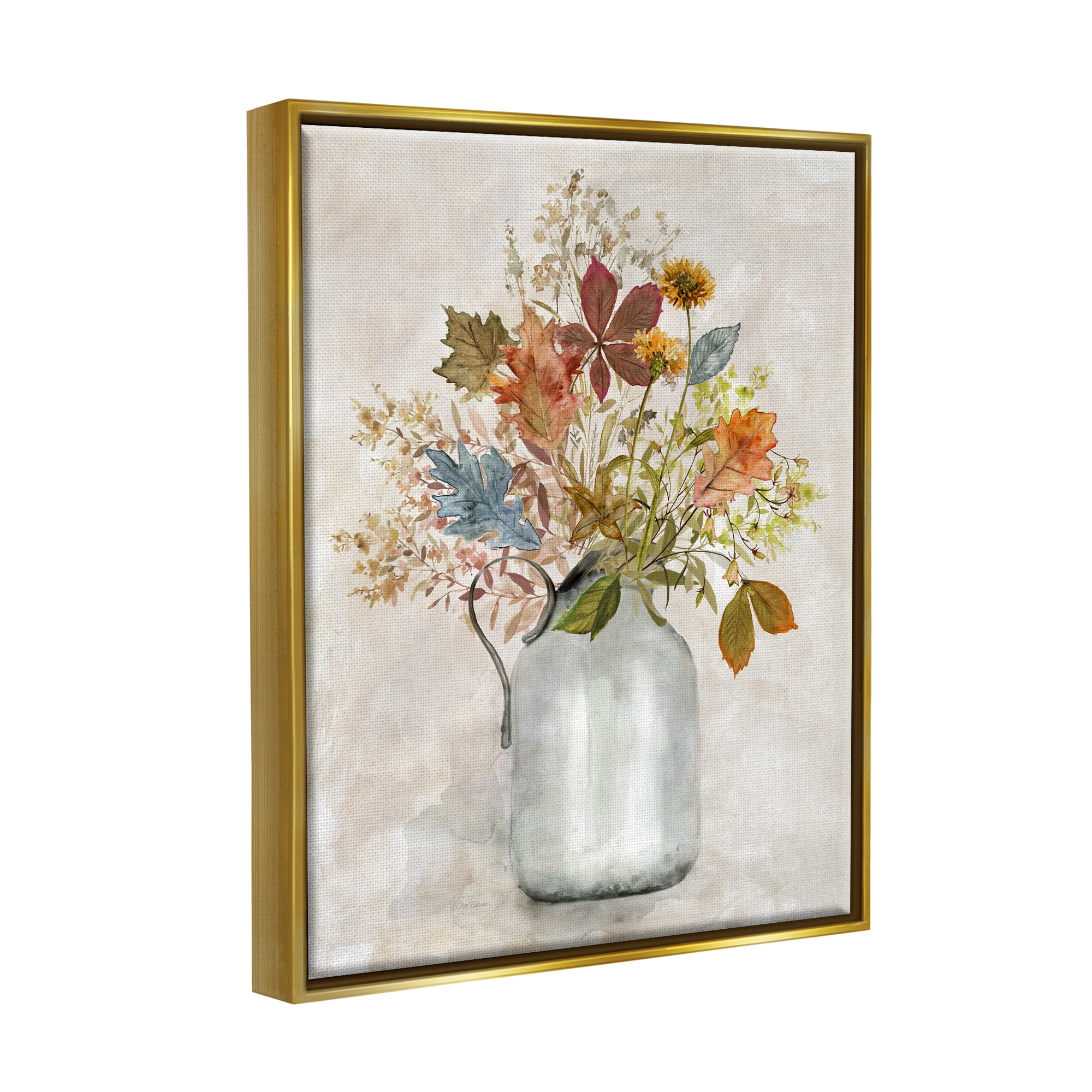 Stupell Industries Autumn Florals in Jug Botanical & Floral Painting Gold Floater Framed Canvas Art Print Wall Art, 17 x 21