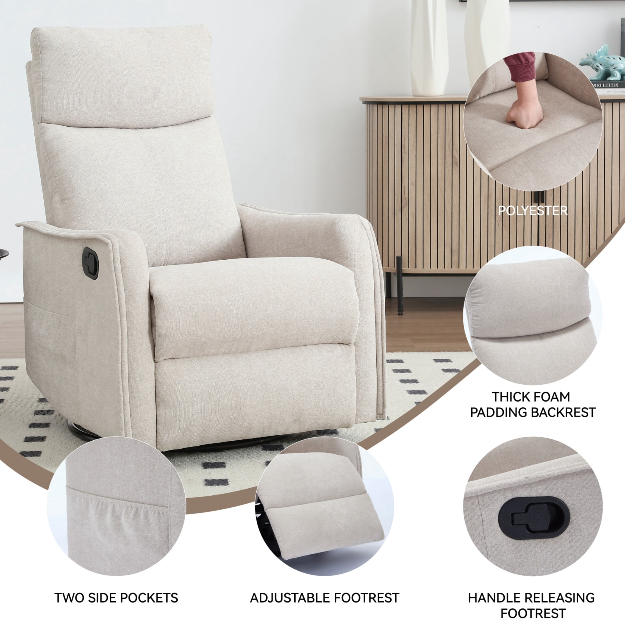 JXXRZ Heated Massage Swivel Rocker Recliner Chair w/ Manual Recline & Breathable Fabric, Beige