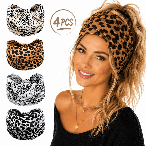4-Pack Leopard Wide Headbands, Non-Slip Stretchy Fabric Hair Bands for Yoga & Sports