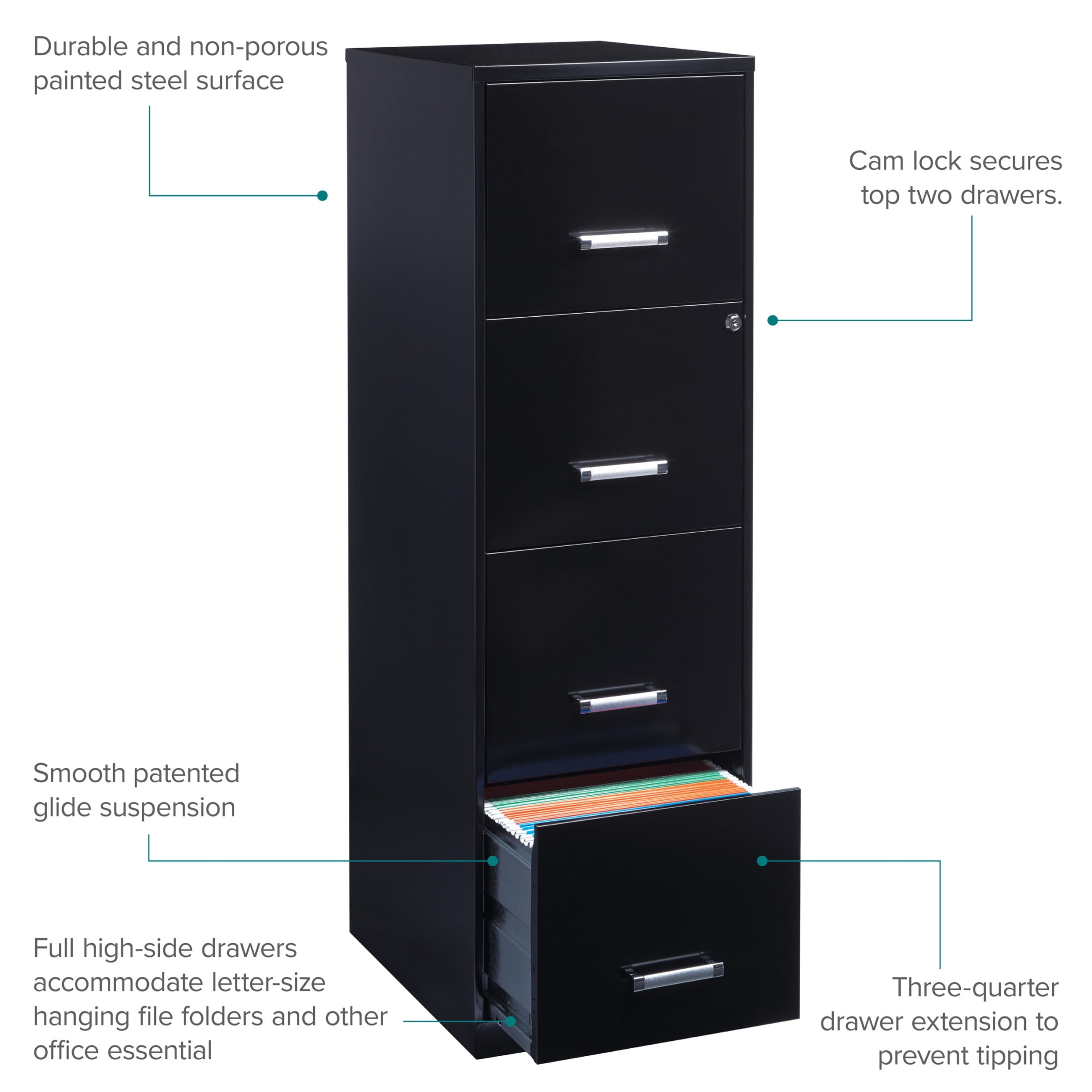 Space Solutions 18" Deep 4 Drawer Smart Letter Width Vertical File Cabinet, Black