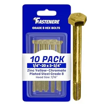 Fastenere Hex Bolts, Grade 8 Zinc Yellow-Chromate Plated Steel, Partial Threaded, Heavy-Duty Fasteners, 1/4"-20 x 3-3/4" (10 Pack)